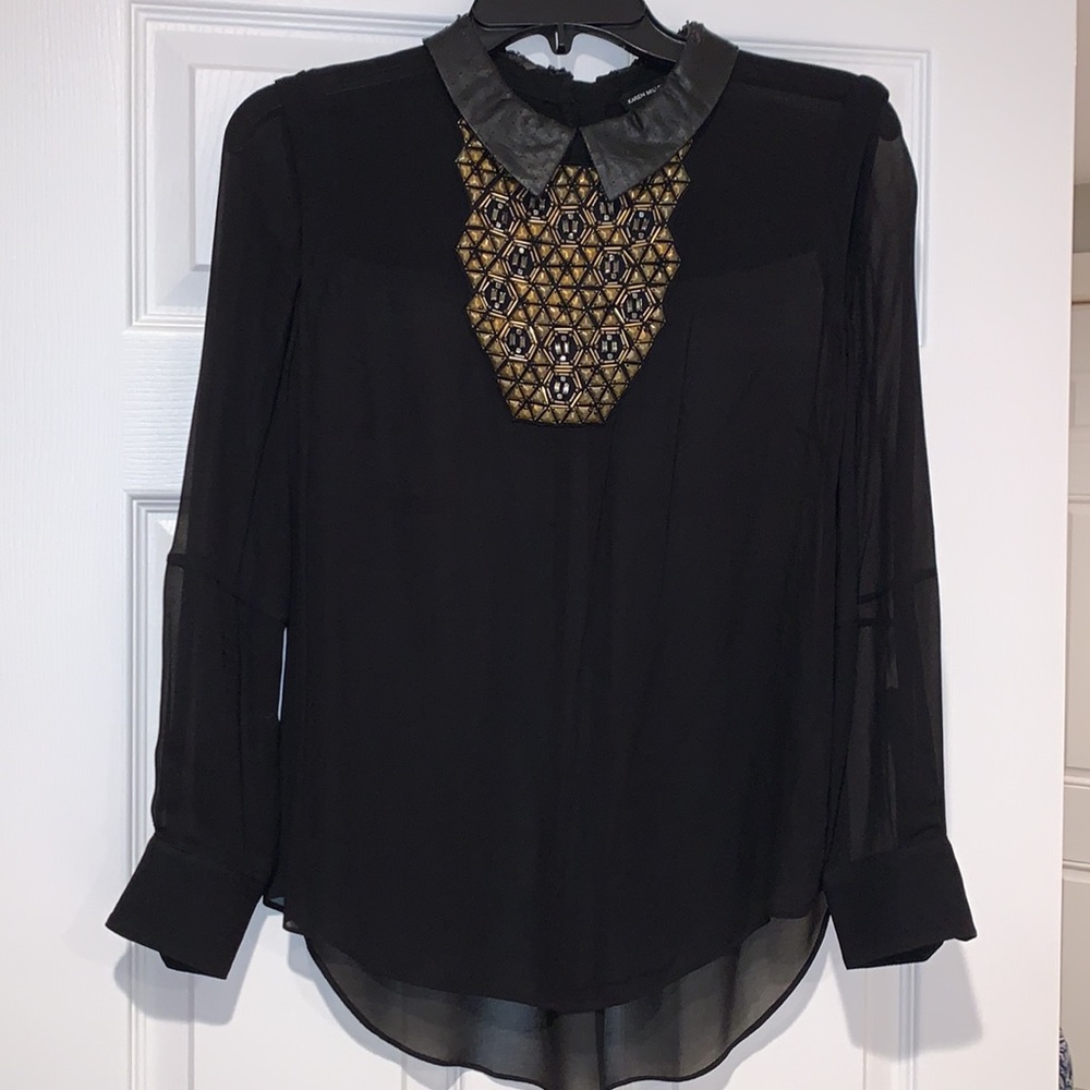 Karen Millen Black Sheer Embellished Beaded Blouse US4 UK8 Geometric Bib Top
F2